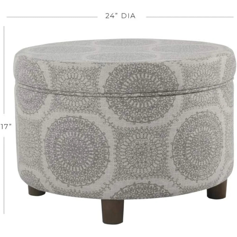 Upholstered Round Storage Ottoman (Grey Medallion)