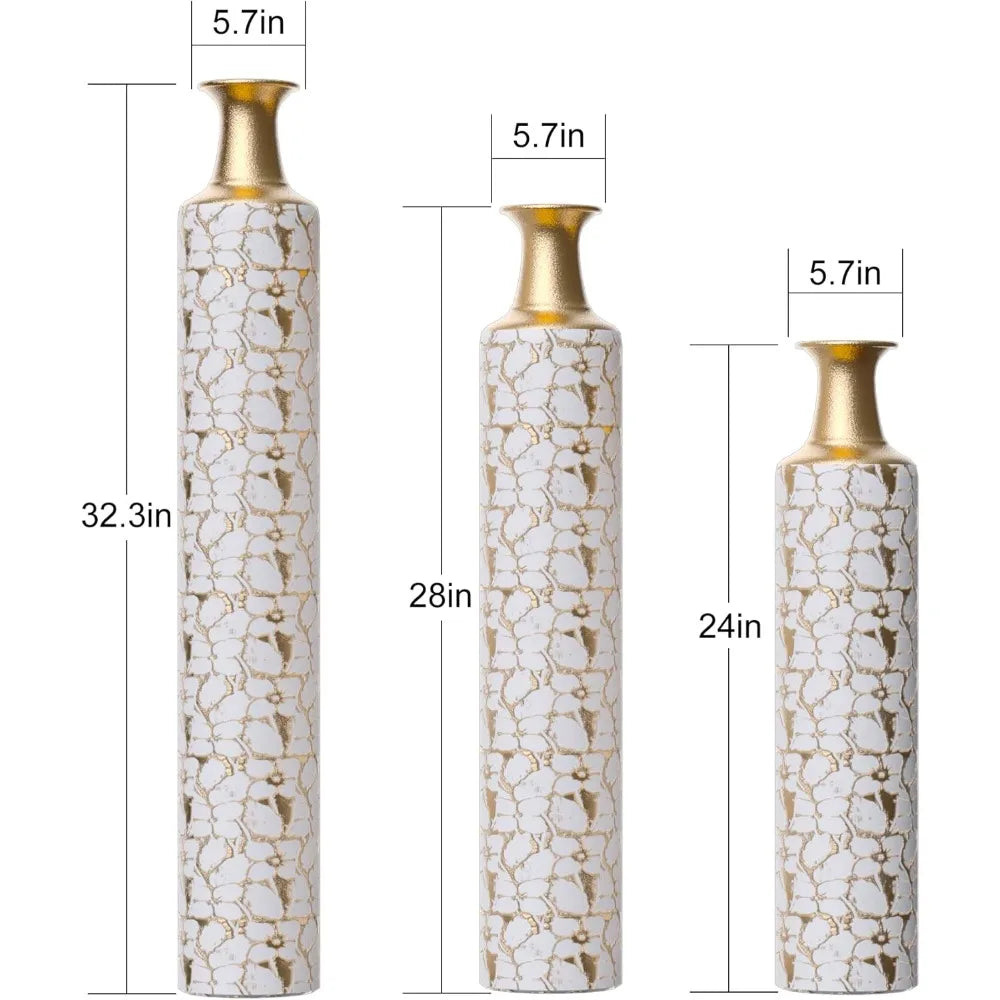 Gold Metal Vase Set of 3, Metallic  Vases 32" H, 28" H, 24" H