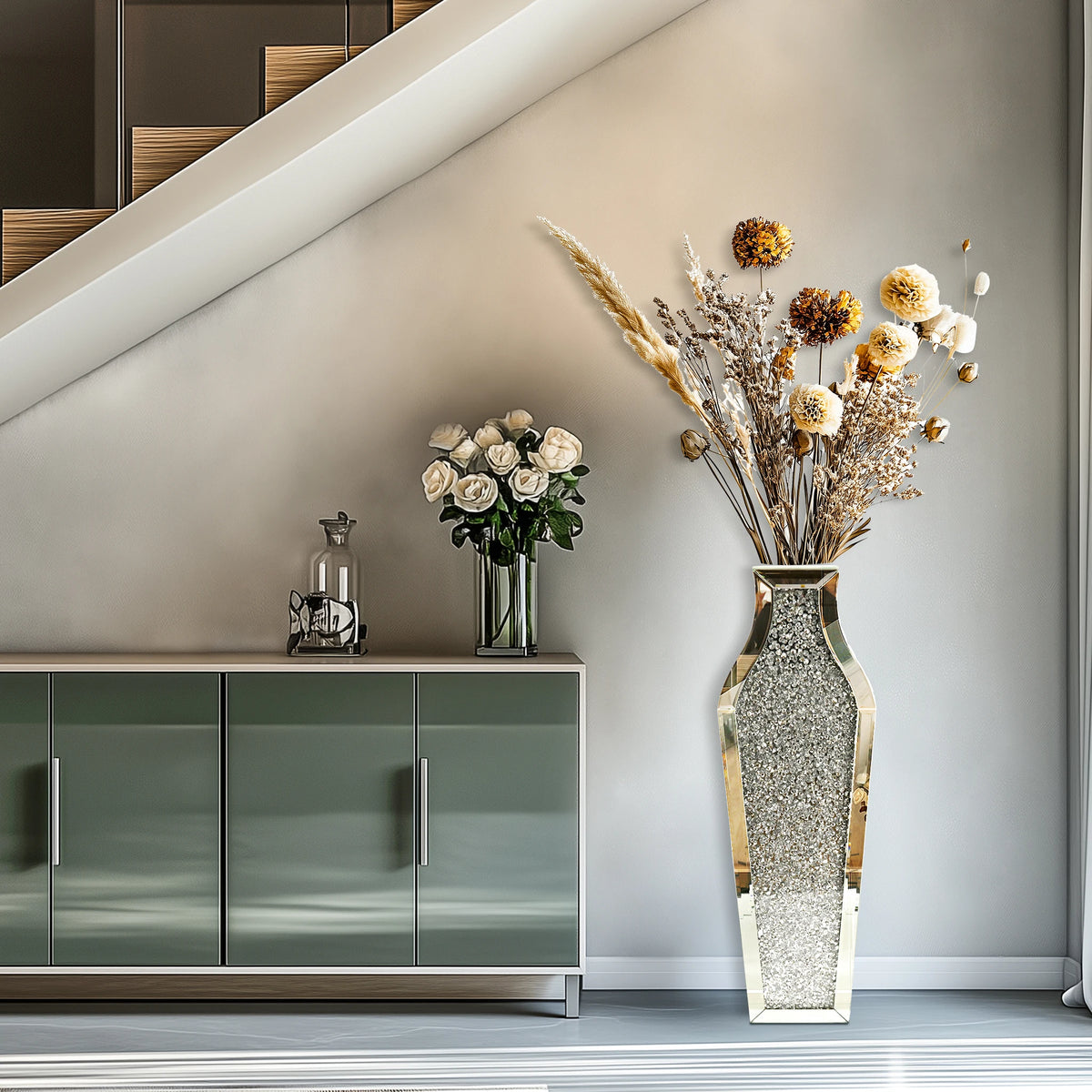 Tall Flower Vase Crushed Diamond Mirrored Floor Home Deco Vase