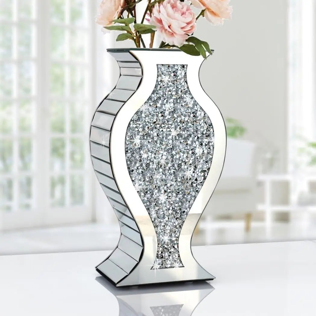 Crushed Diamond Mirror Vase Crystal Silver Glass