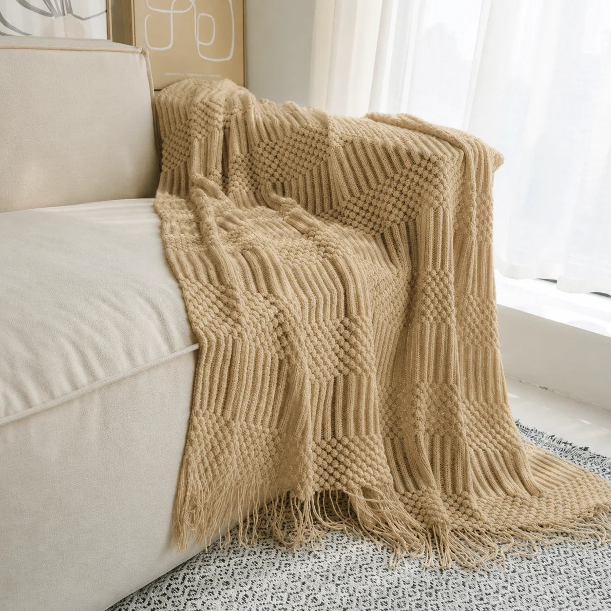 Dark Brown Wavy Chevron Textured Knit Throw Blanket with Tassel Fringe,