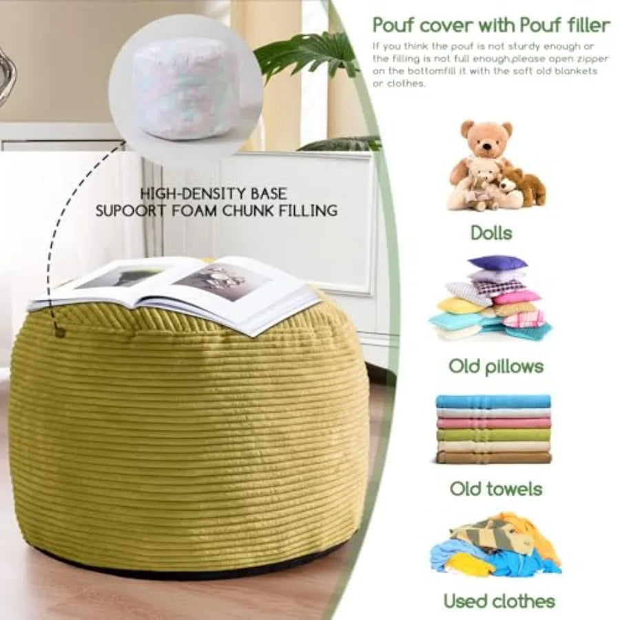 Round Stuffed Pouf Ottoman, Corduroy Poufs with Foam Chunk Filling,20 X 15 F