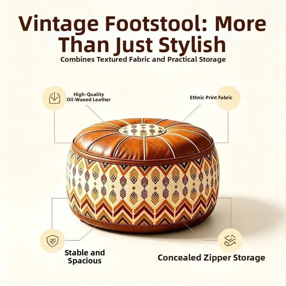 Leather Fillable Ottoman Pouf Embroidered Pattern Moroccan Style, Storage