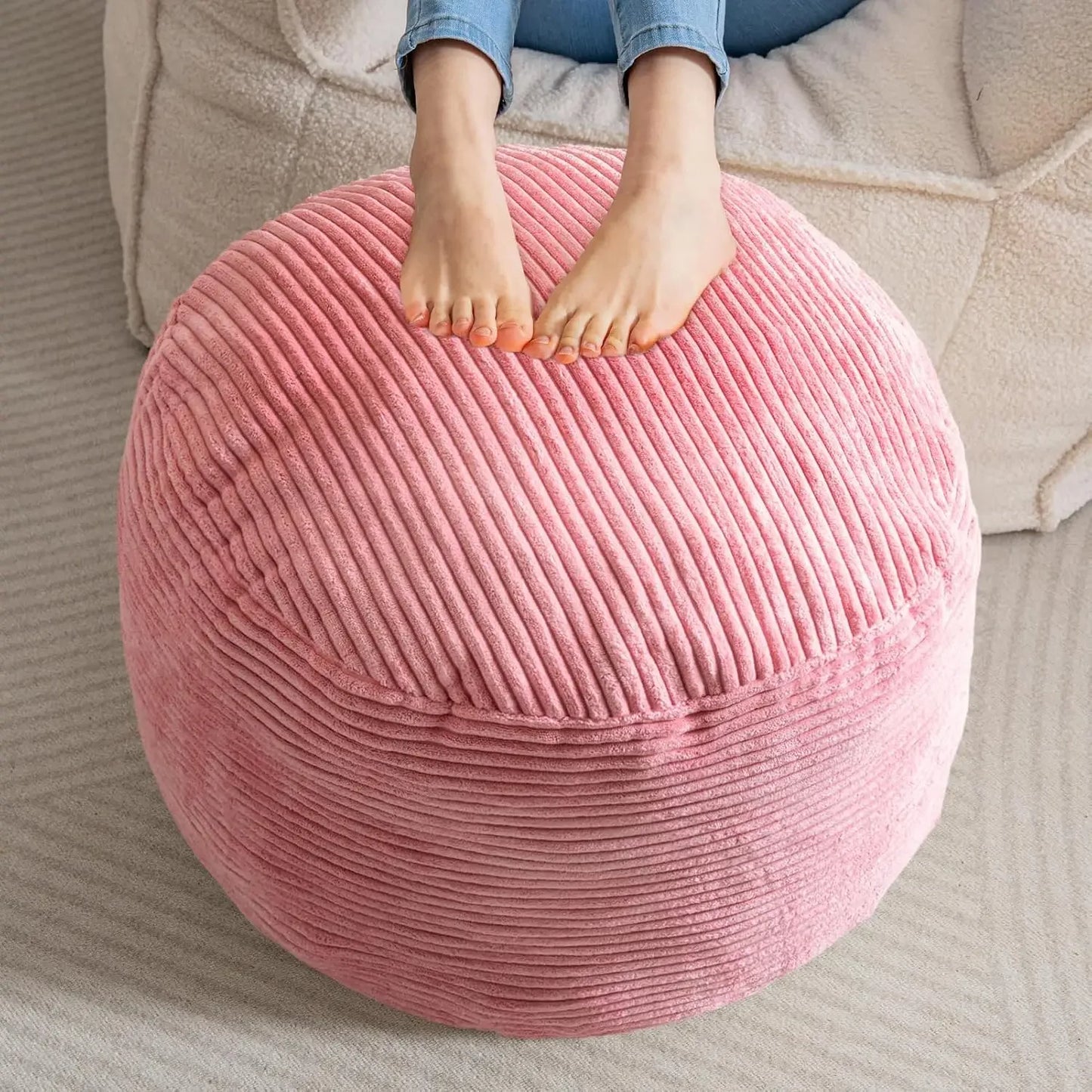 Round Stuffed Pouf , Corduroy Foam Chunk Filling