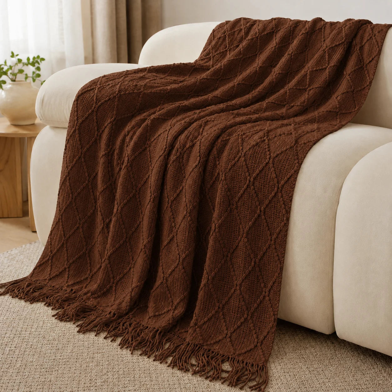 Textured Knit Throw Blanket with Tassel Fringe, Soft Knitted Decorative Blanket,