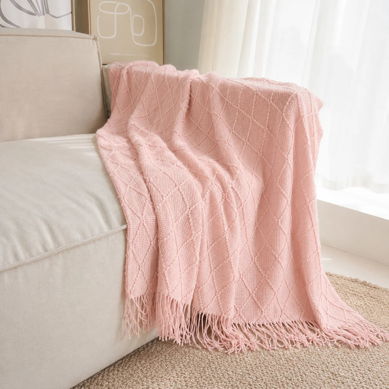 Dark Brown Wavy Chevron Textured Knit Throw Blanket with Tassel Fringe,