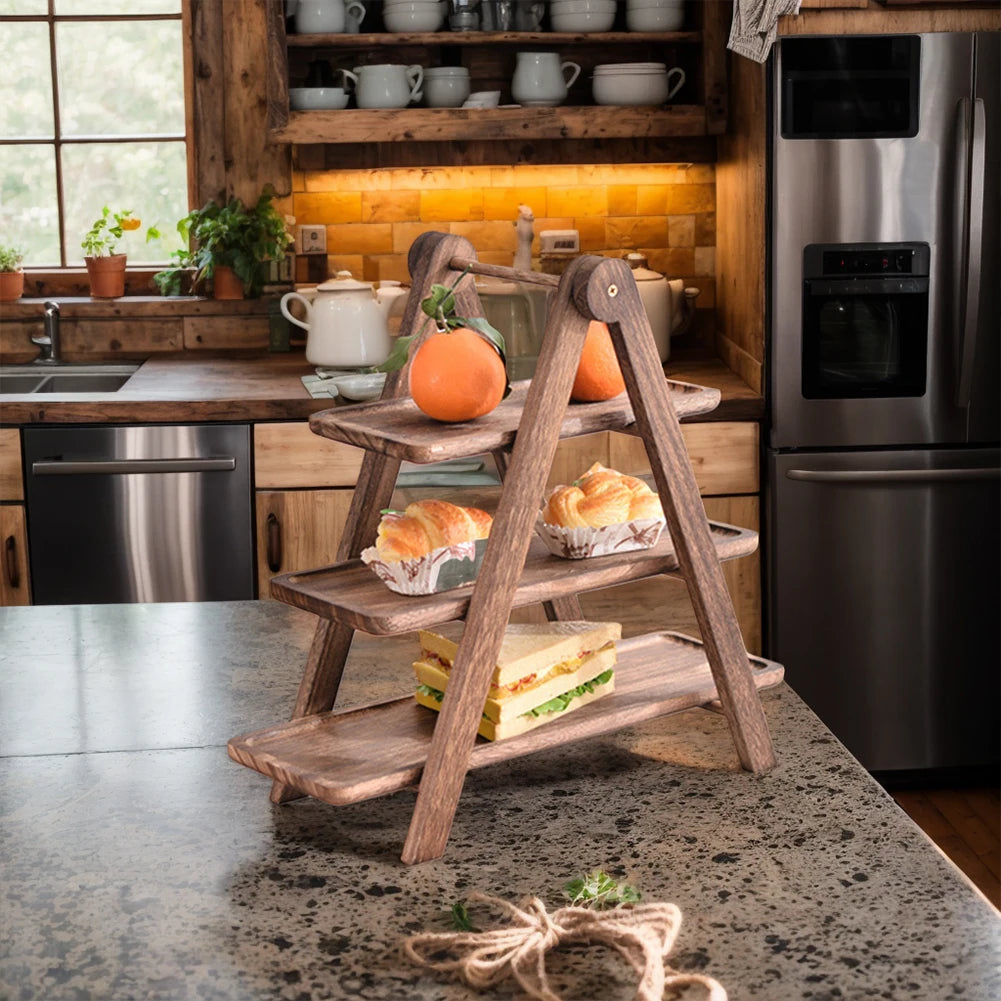 2Pcs Wooden Serving Platter 3 Tier