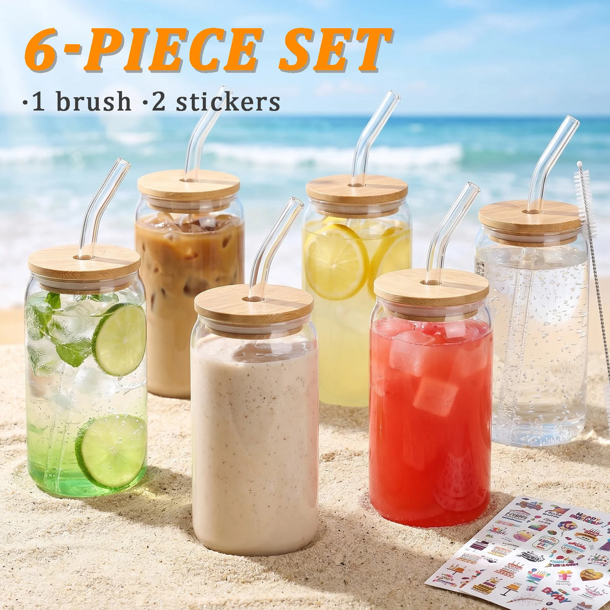 8 Pack Can‑Shaped Glass Cups Set with Bamboo Lids, Clear Iced Coffee Drinking Glass Tumbl