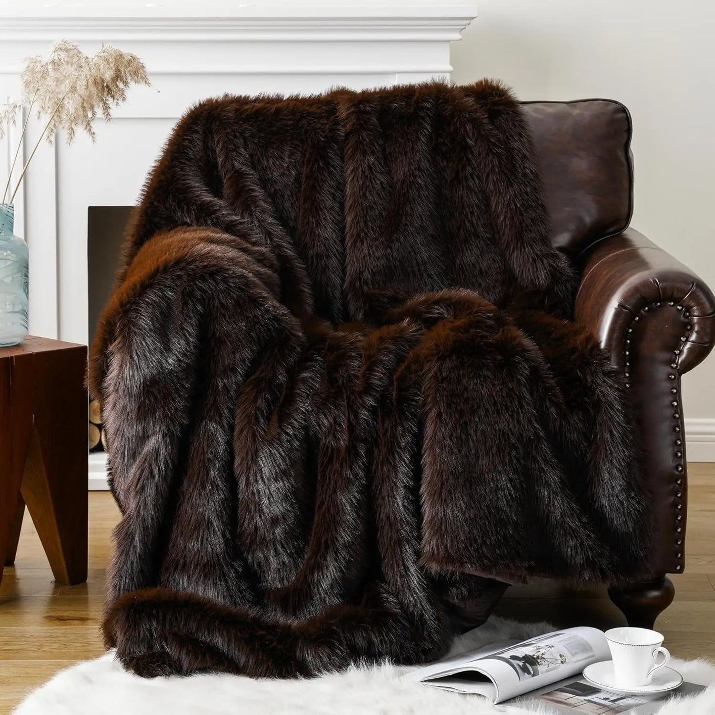 Luxury Brown Faux Fur Throw Blanket, Large King Size 60x80