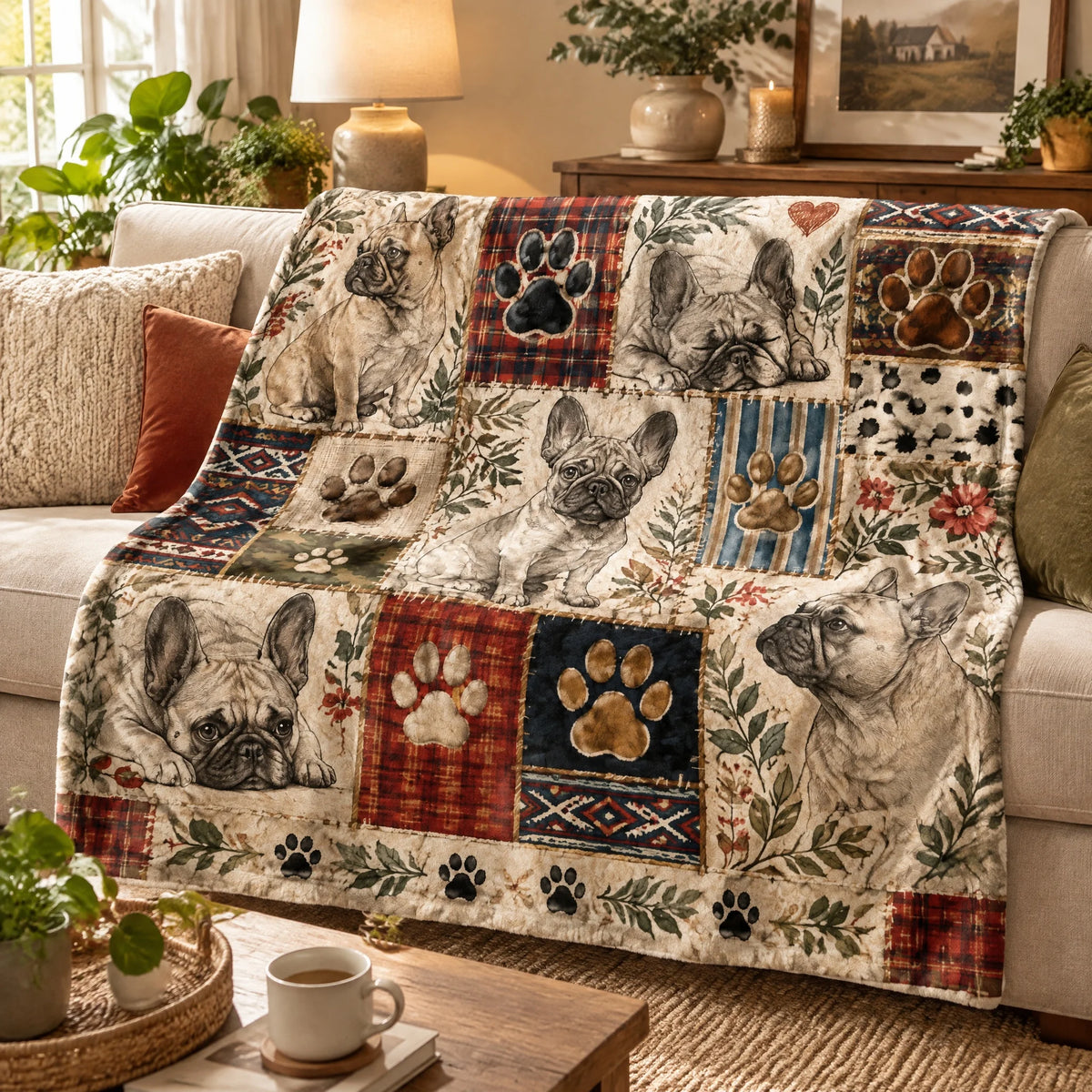 Dog Paw Patchwork Grid Throw Blanket