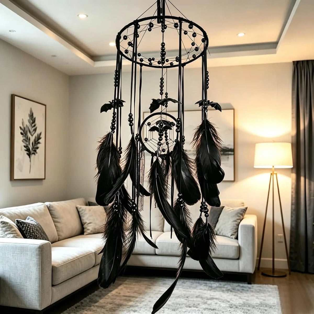 Halloween Gothic Black Dreamcatcher with 5 Bat Ornaments