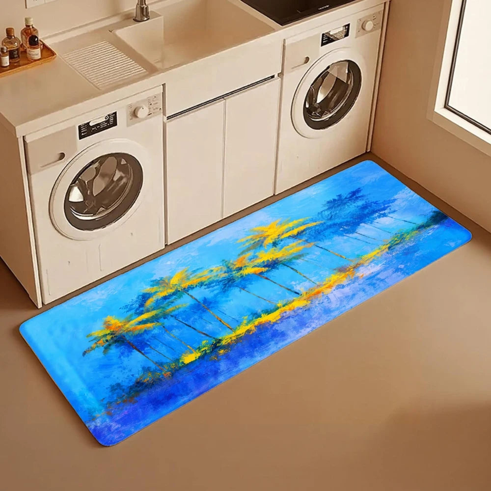 3PCS Kitchen Rugs, Kitchen, Bathroom, Blue Sky Palm Trees Tropical Beach