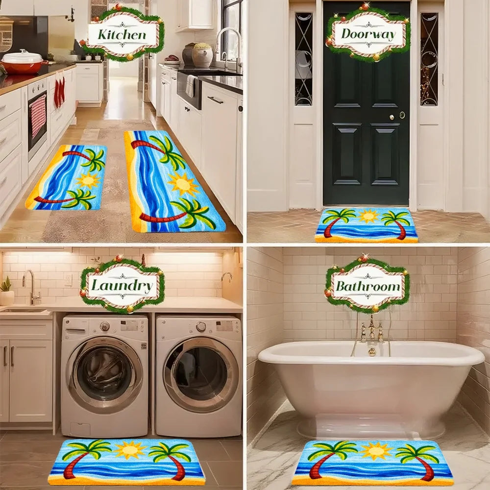 3PCS Rugs,Tropical Palm Tree Sun And Ocean Waves Pattern Dining Mat