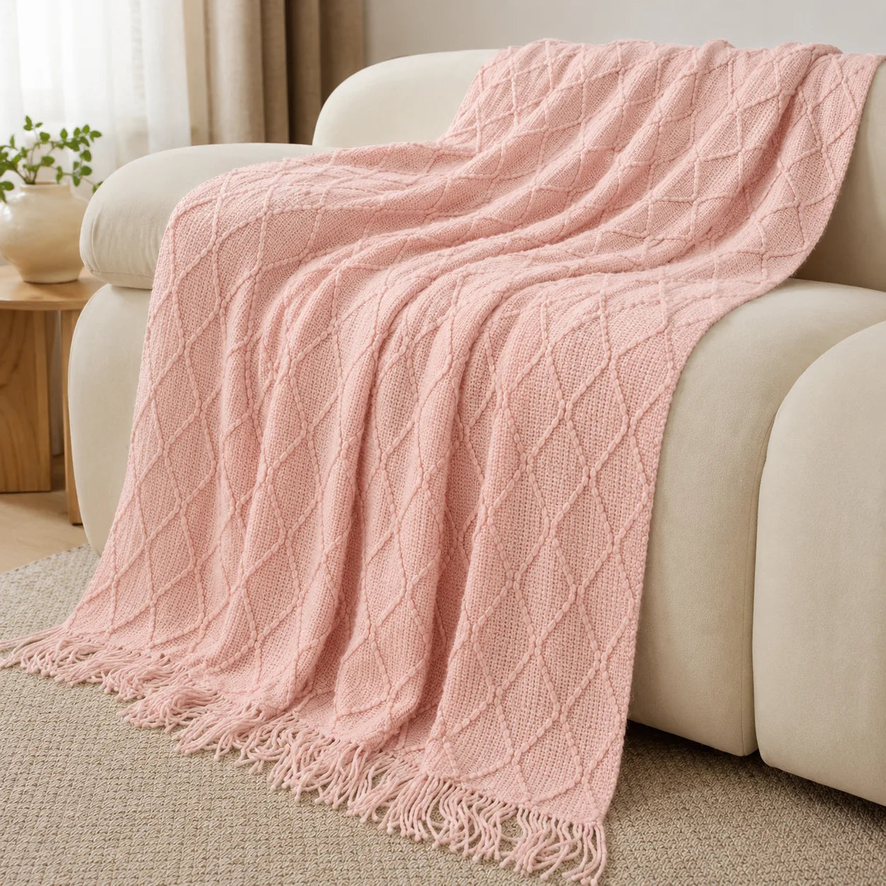 Textured Knit Throw Blanket with Tassel Fringe, Soft Knitted Decorative Blanket,