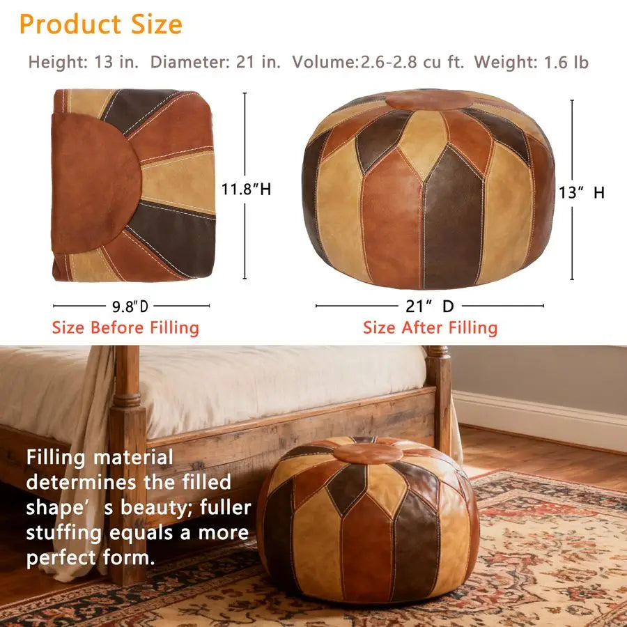 Unstuffed Moroccan Faux Leather Pouf Ottoman with Storage Handmade