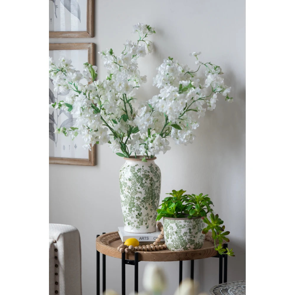 6.5x6.5x11.6" White Ceramic Flower Vase with Green Floral Pattern
