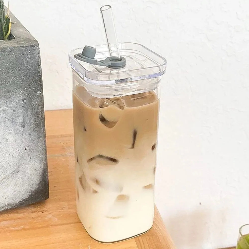 Square Glass Tumblers with Lid & Straw –(Lids Straws Included)