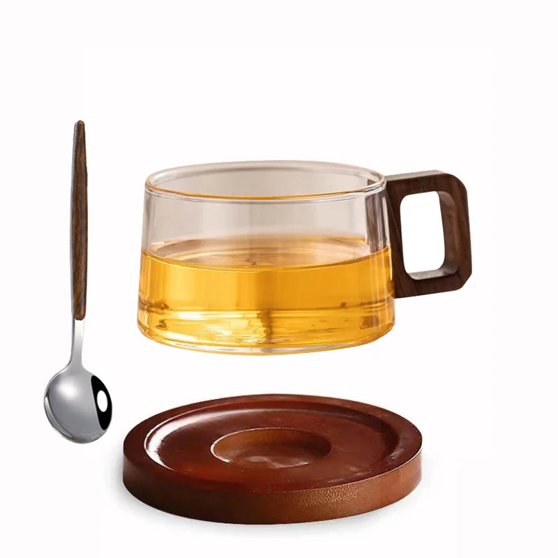 200ml Glass Coffee Mug With Wooden Tray And Spoon