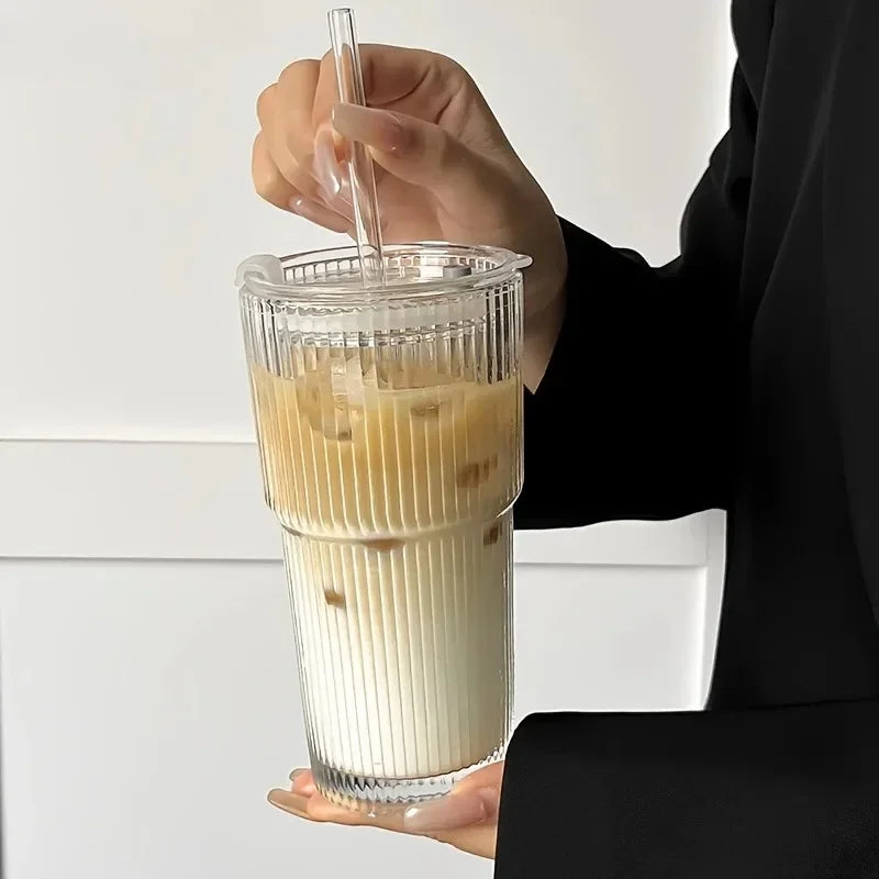 1pcs 600ML Striped Cup with Lid Straw Iced Coffee