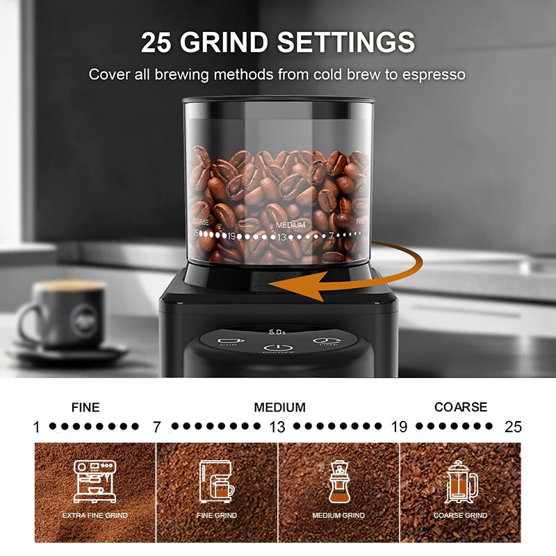 Automatic Conical Burr Coffee Grinder with 25 Precise Grind Settings 2-12 Cups