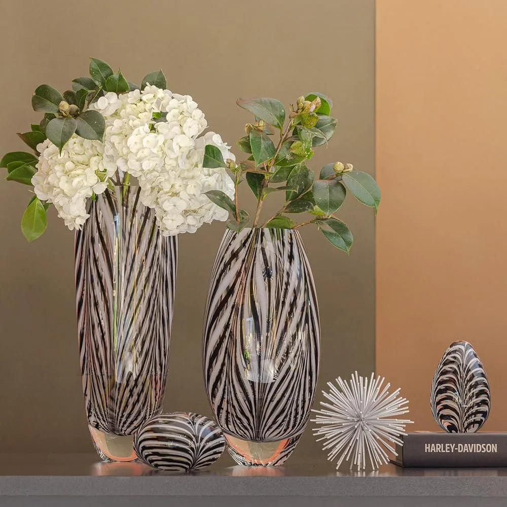 Glass Vase Black and White Feather Pattern Hand Blown