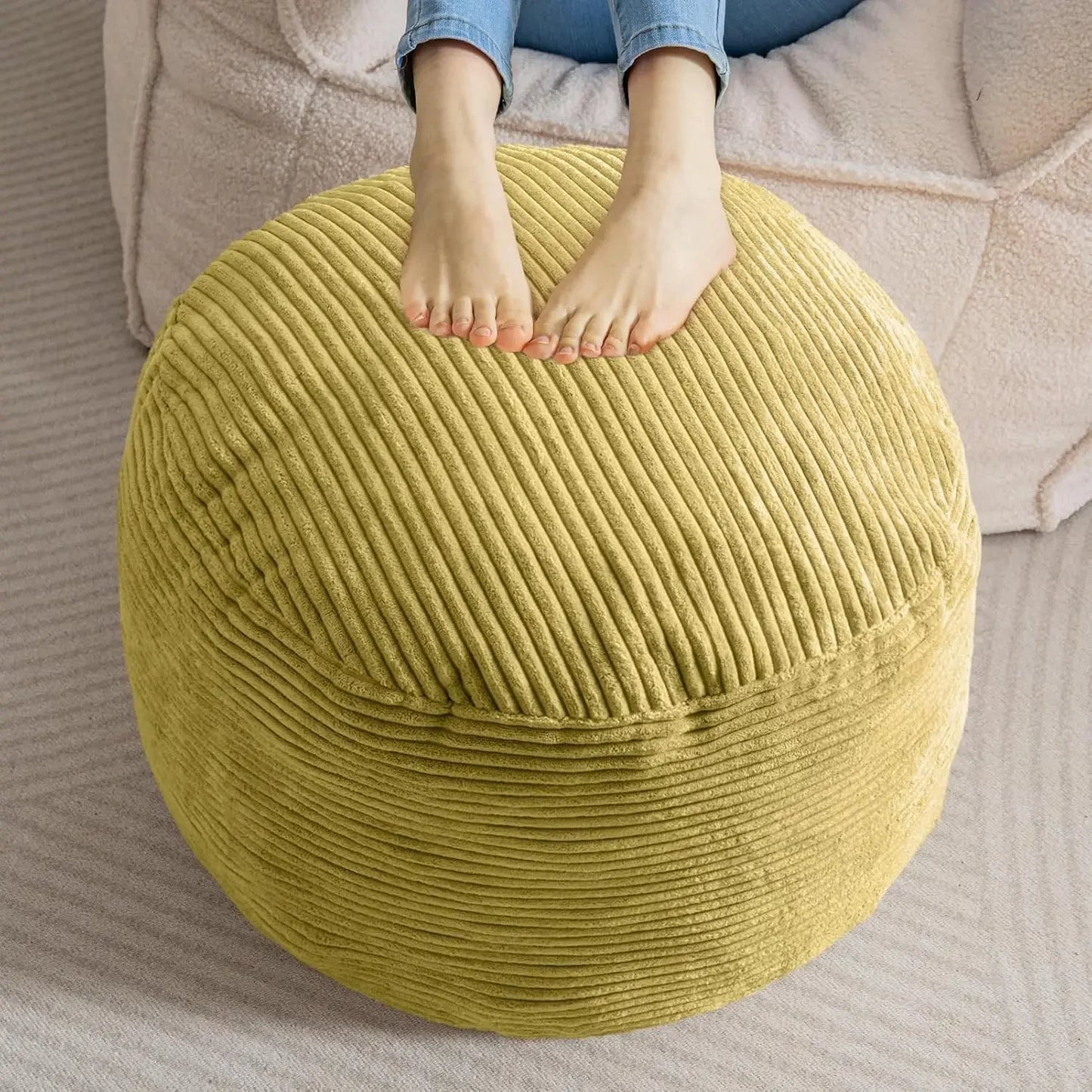 Round Stuffed Pouf , Corduroy Foam Chunk Filling