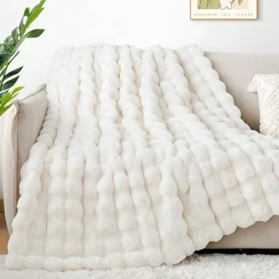 Luxury 1000GSM Faux Rabbit Fur Throw Blanket, Super Heavy Warm