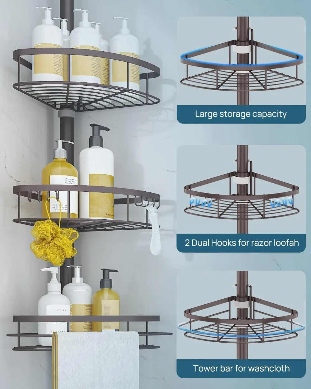 Adjustable Tension Pole Shower Caddy Organizer with 4 Baskets,
