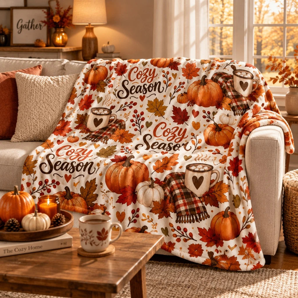 Autumn Harvest Throw Blanket, Fall Leaves & Pumpkin  Warm Blanket