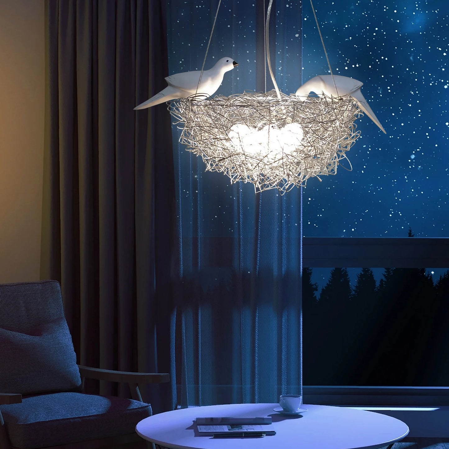 5 Light Woven Nest Chandelier Lamp with Bird