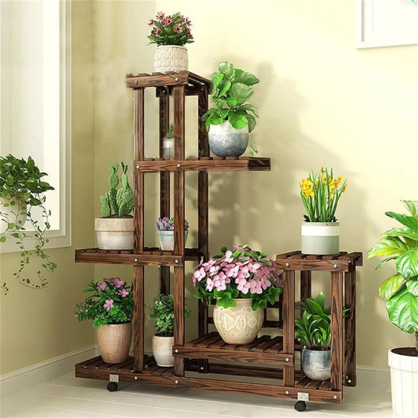 6 Tier Wood Plant Stand Vertical Carbonized Indoor - Outdoor