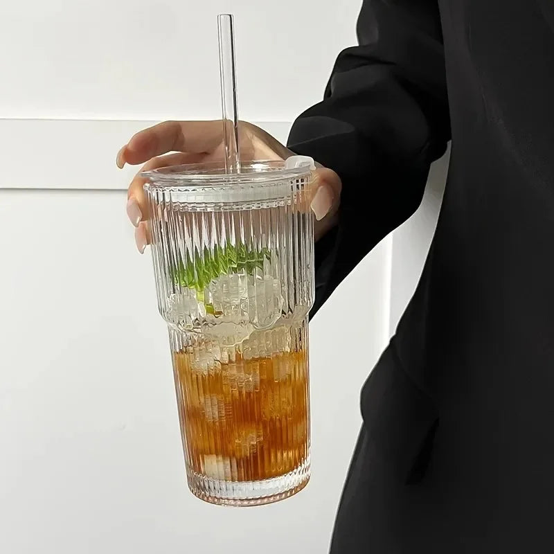 1pcs 600ML Striped Cup with Lid Straw Iced Coffee