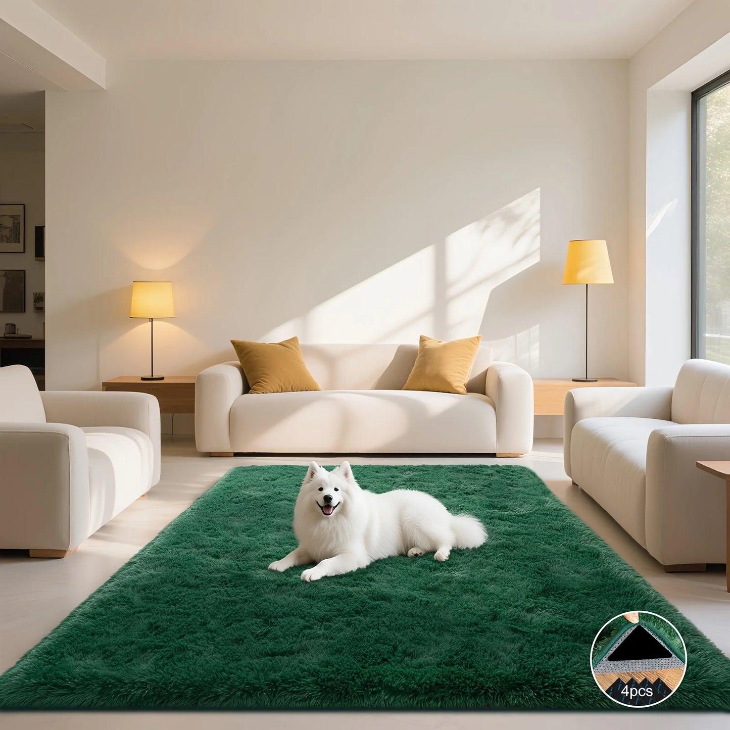 Dark Green Soft Shaggy Non-Slip Rugs with 4 Rug Stickers