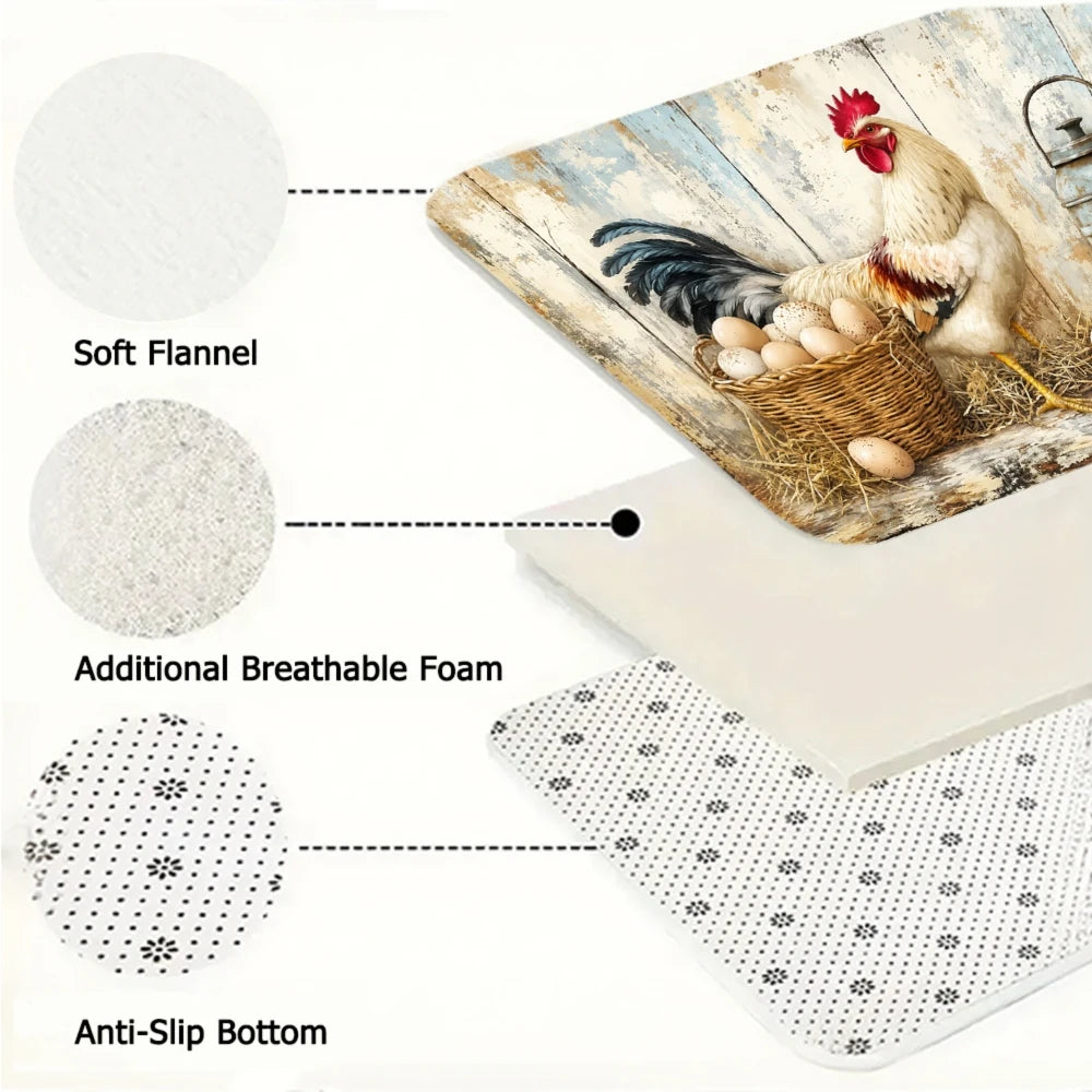 3PCS  Rugs,Rooster Chicken Basket Rustic Farmhouse Pattern Dining Mat