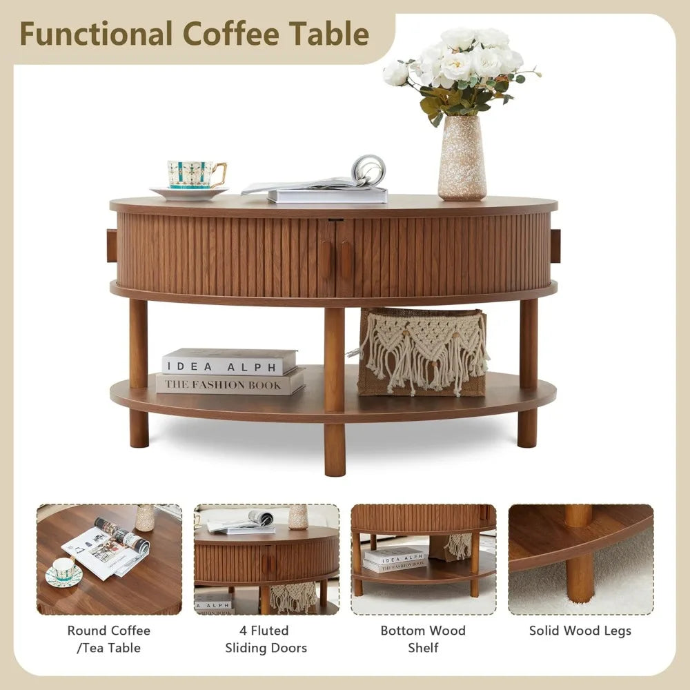 31.5” Round Coffee Table with Storage, Mid Century Modern 2 Tier Coffee Table with Tambour Sliding Door, Solid Wood Legs Fluted