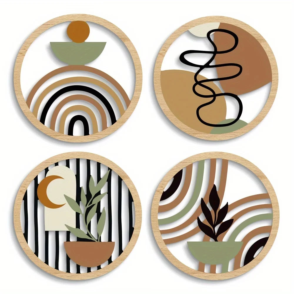 4Pcs Boho 2D Wave Wall Art Round Wooden Hanging Signs