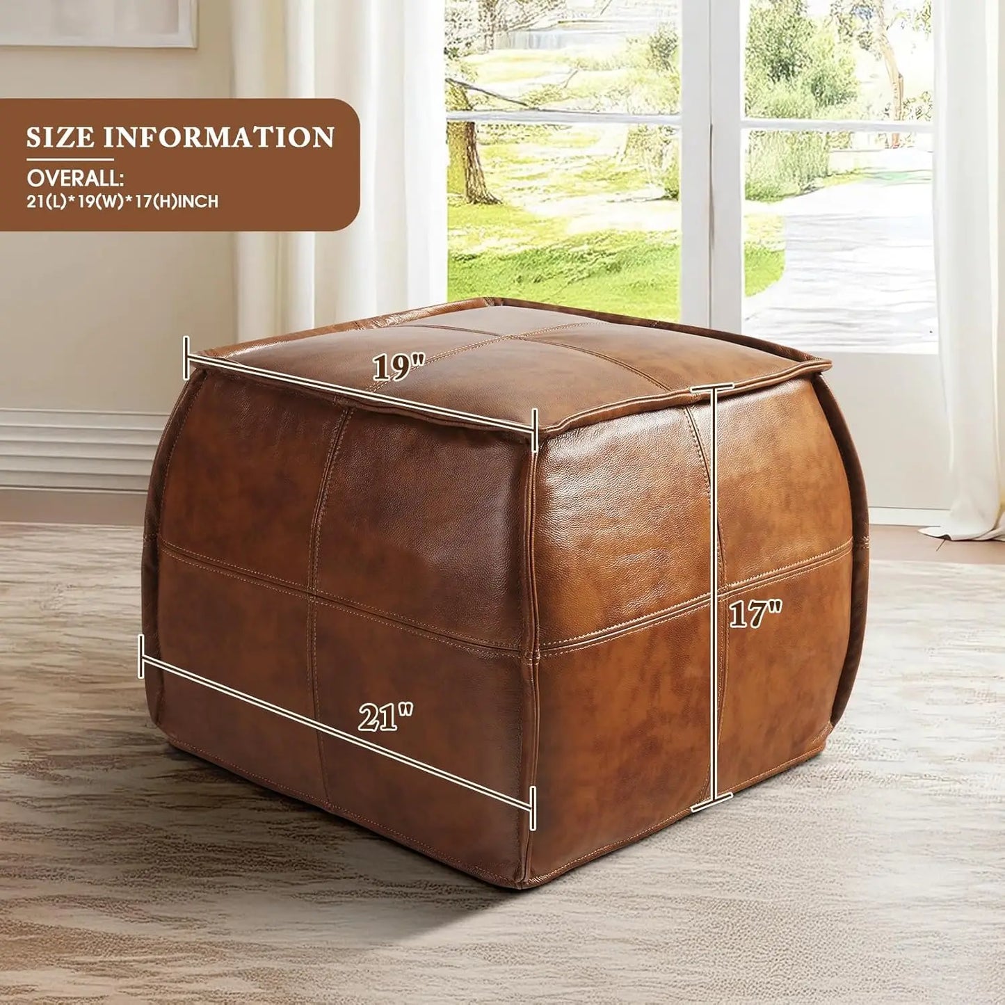 Handmade Stuffed Square Ottoman,Genuine Leather Pouf
