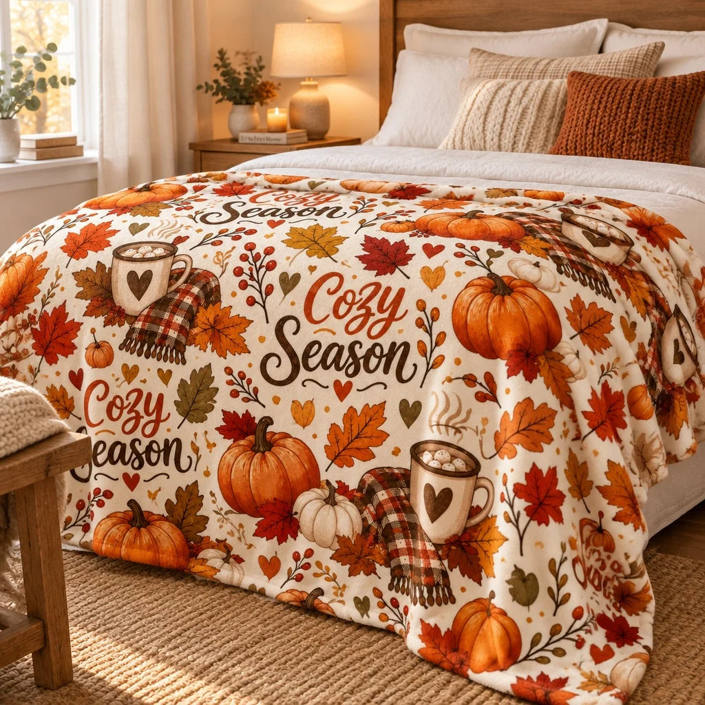 Autumn Harvest Throw Blanket, Fall Leaves & Pumpkin  Warm Blanket