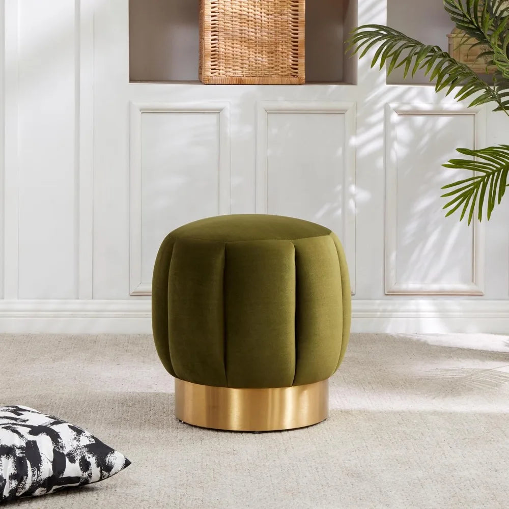 Olive Green Velvet Channel Foot Stool Round Ottoman