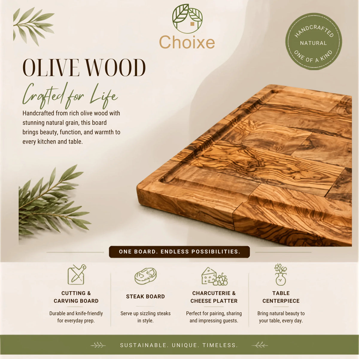 Olive Wood Large Cutting Board, 15.5" x 10" Charcuterie