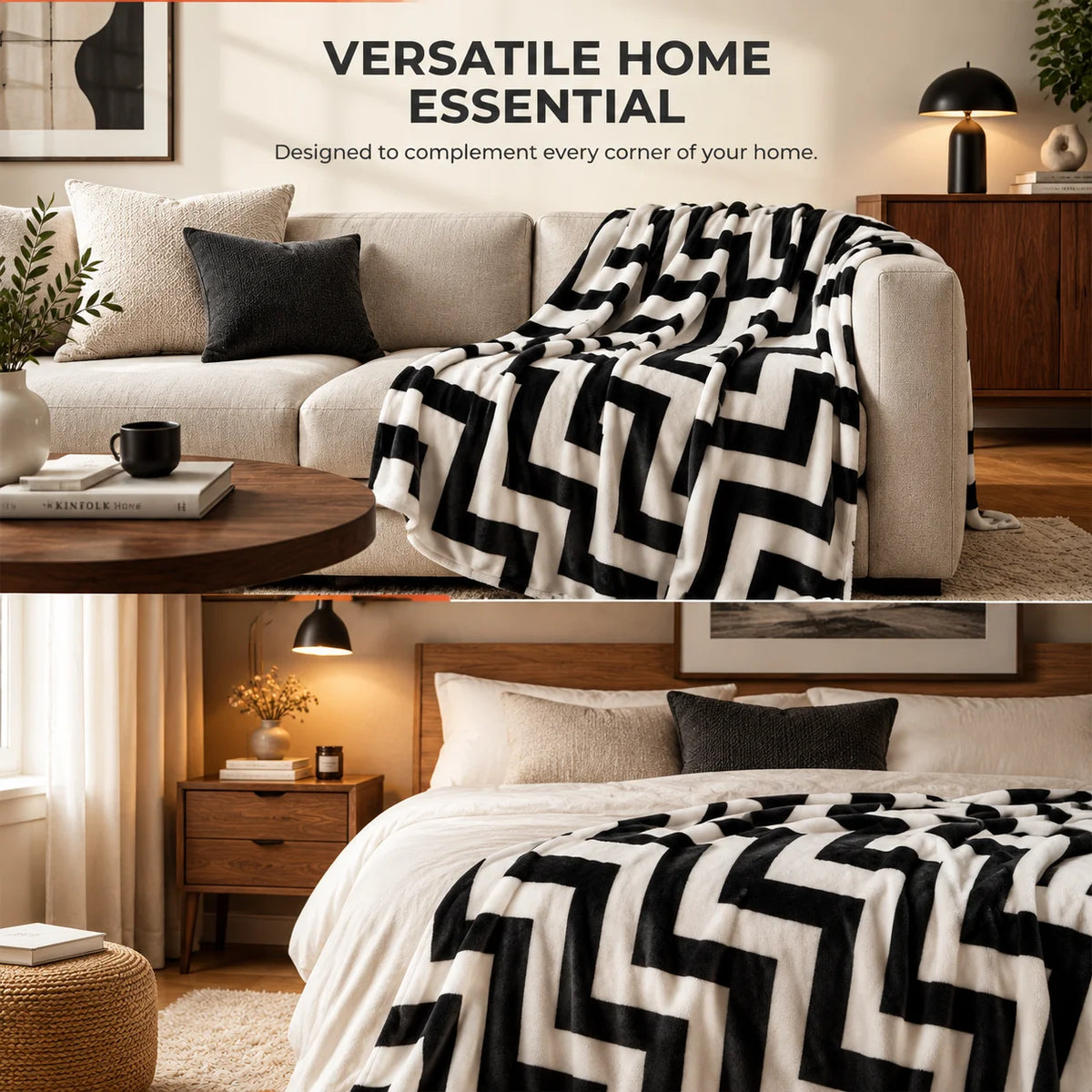 Black White Geometric Flannel Fleece Blanket, Soft Plush Throw