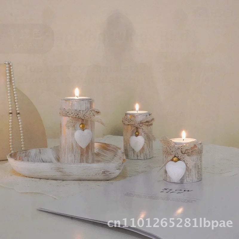 Antique Wooden Heart Candlestick Set  Tea Wax Holder