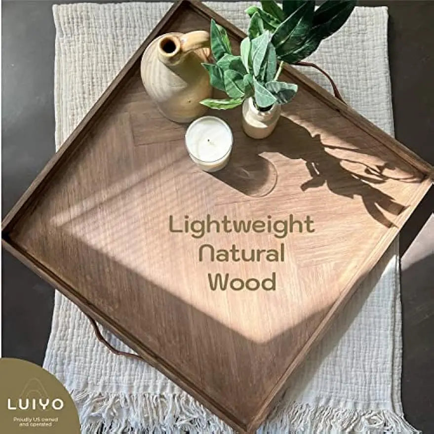Large Ottoman Wood Tray- with Leather Handle 24 x 24 x1.5 Inches