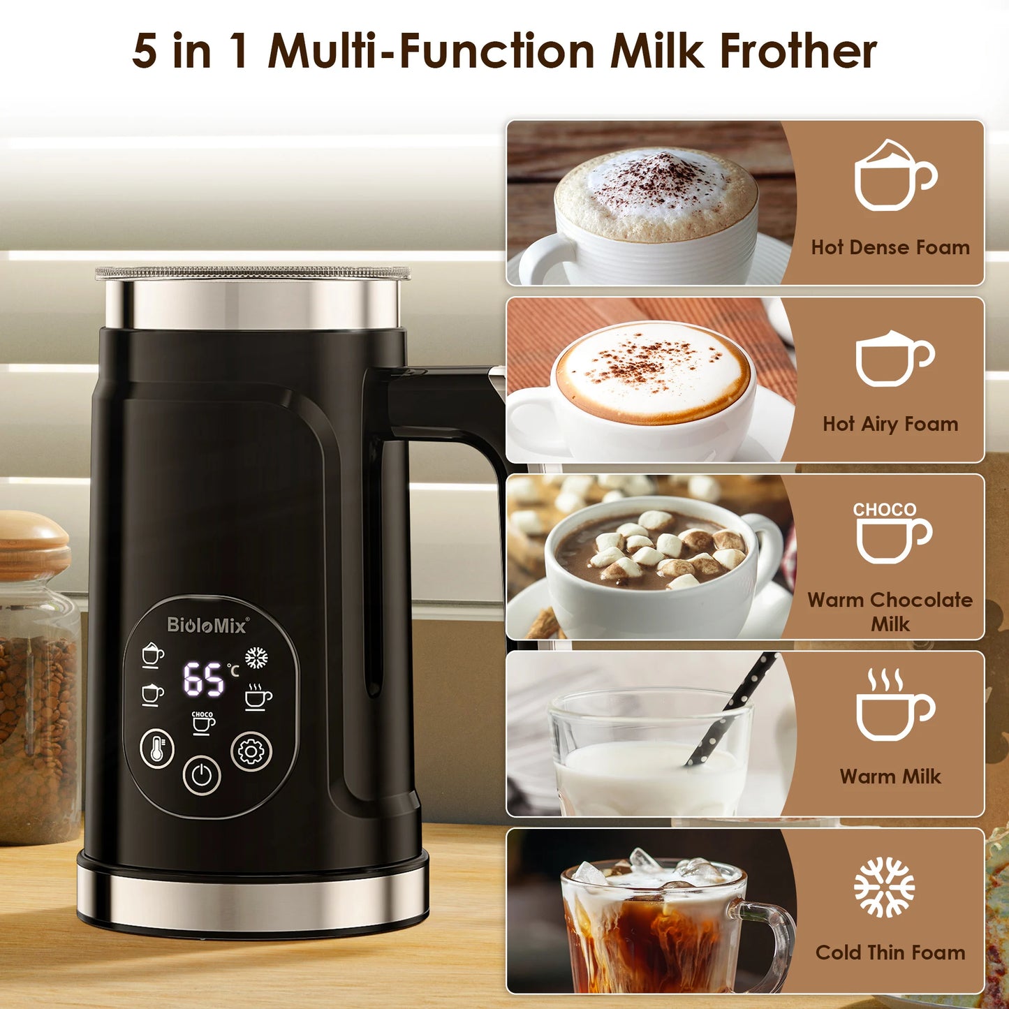 BioloMix 5-in-1 Milk Frother with Upgraded LED Display Touch Screen
