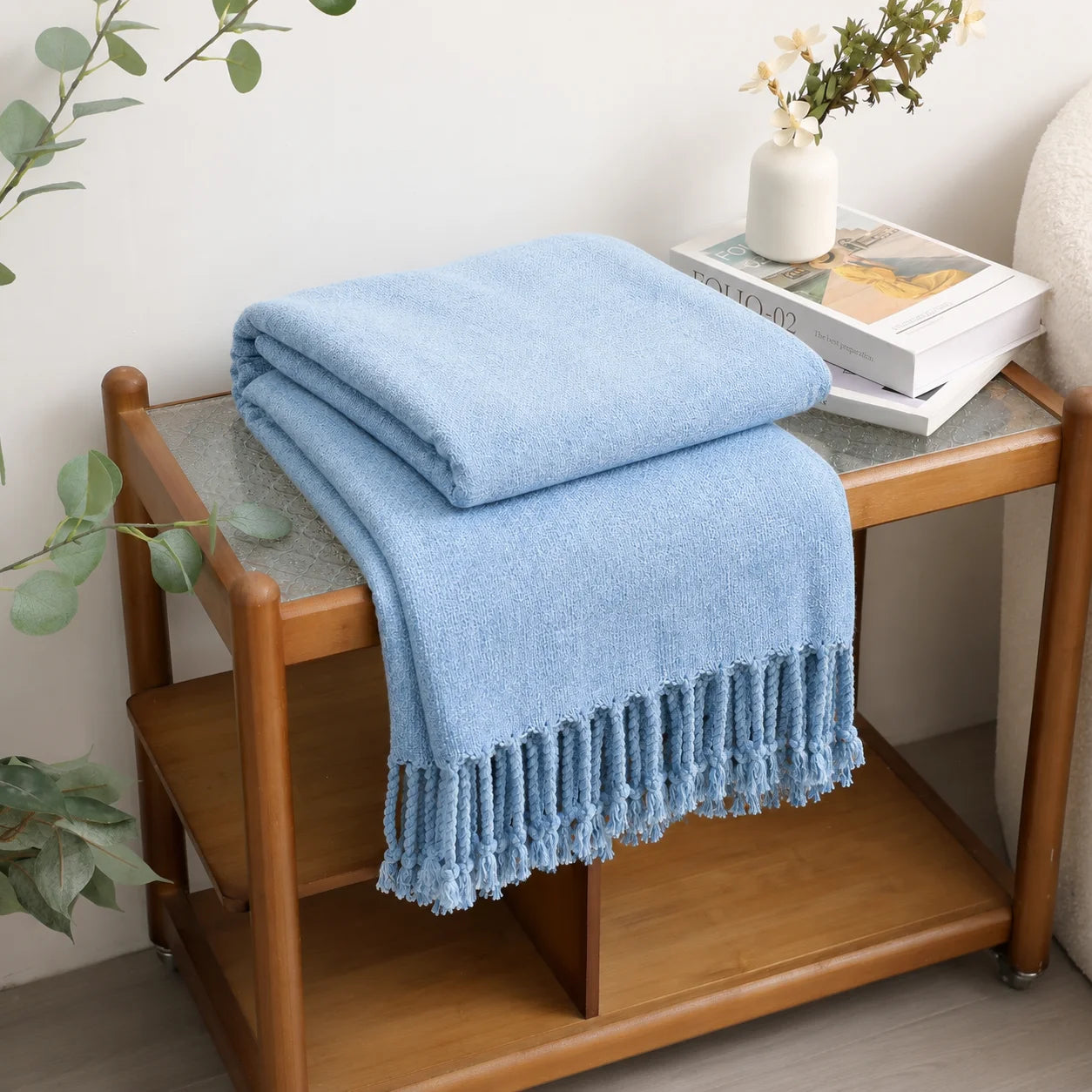 Cream Popcorn Bobble Textured Knit Throw Blanket with Tassel Fringe,