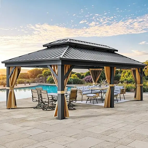 Gazebo 12x18ft Hardtop Heavy Duty Double Roof Outdoor Upgraded Galvanized w/Nettings Curtains Steel Combined of Horizontal Vert