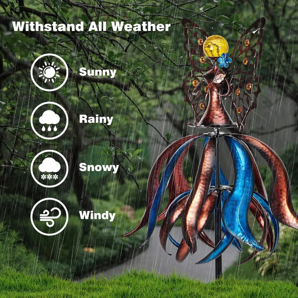 Solar Wind Spinner, Extra-Large Tulip Garden Wind Spinners with LED Lighting Solar Powered Glass Ball, Kinetic Metal Sculpture