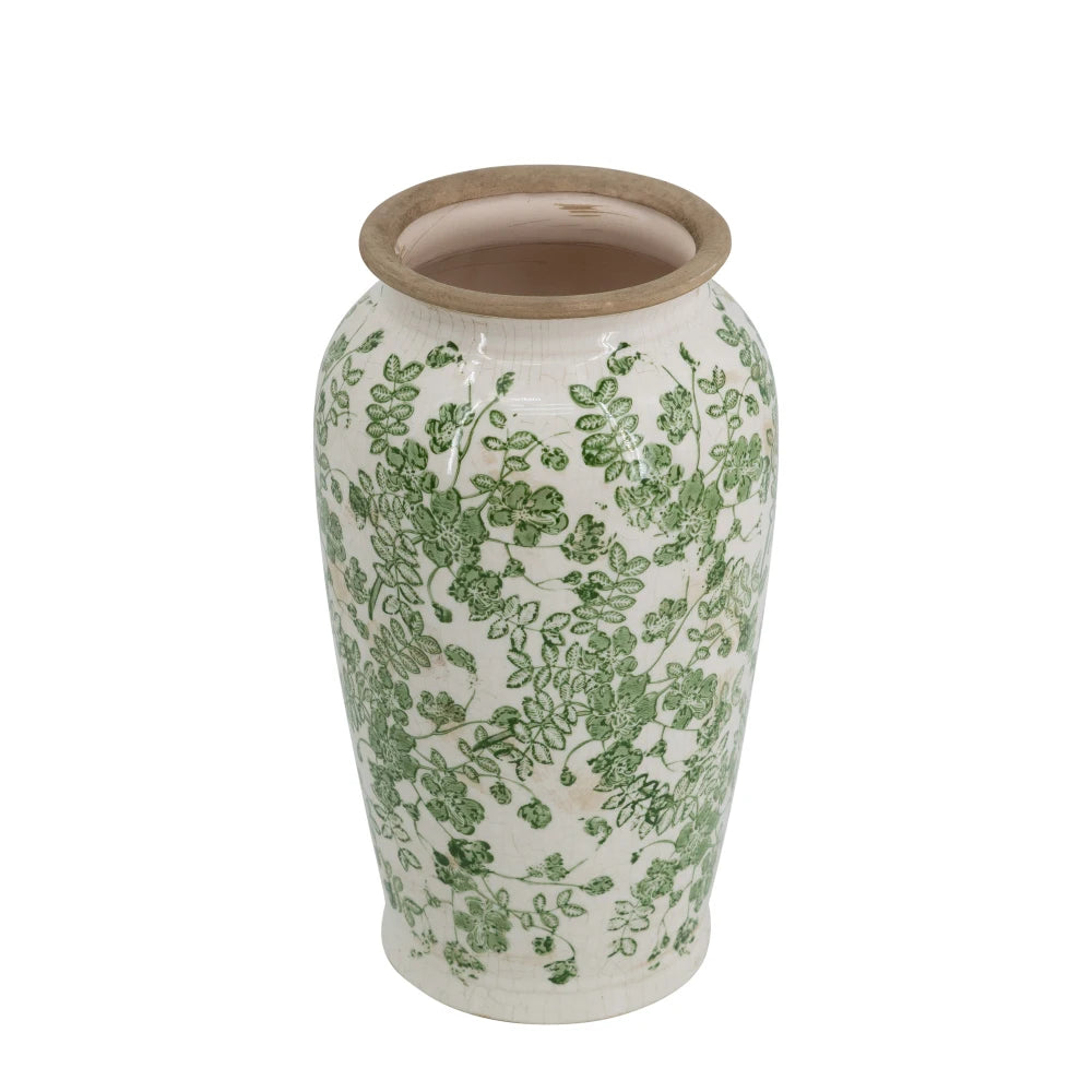 6.5x6.5x11.6" White Ceramic Flower Vase with Green Floral Pattern