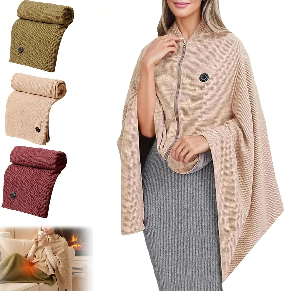 Wearable Electric Heated Shawl 3 Gears Zipper USB