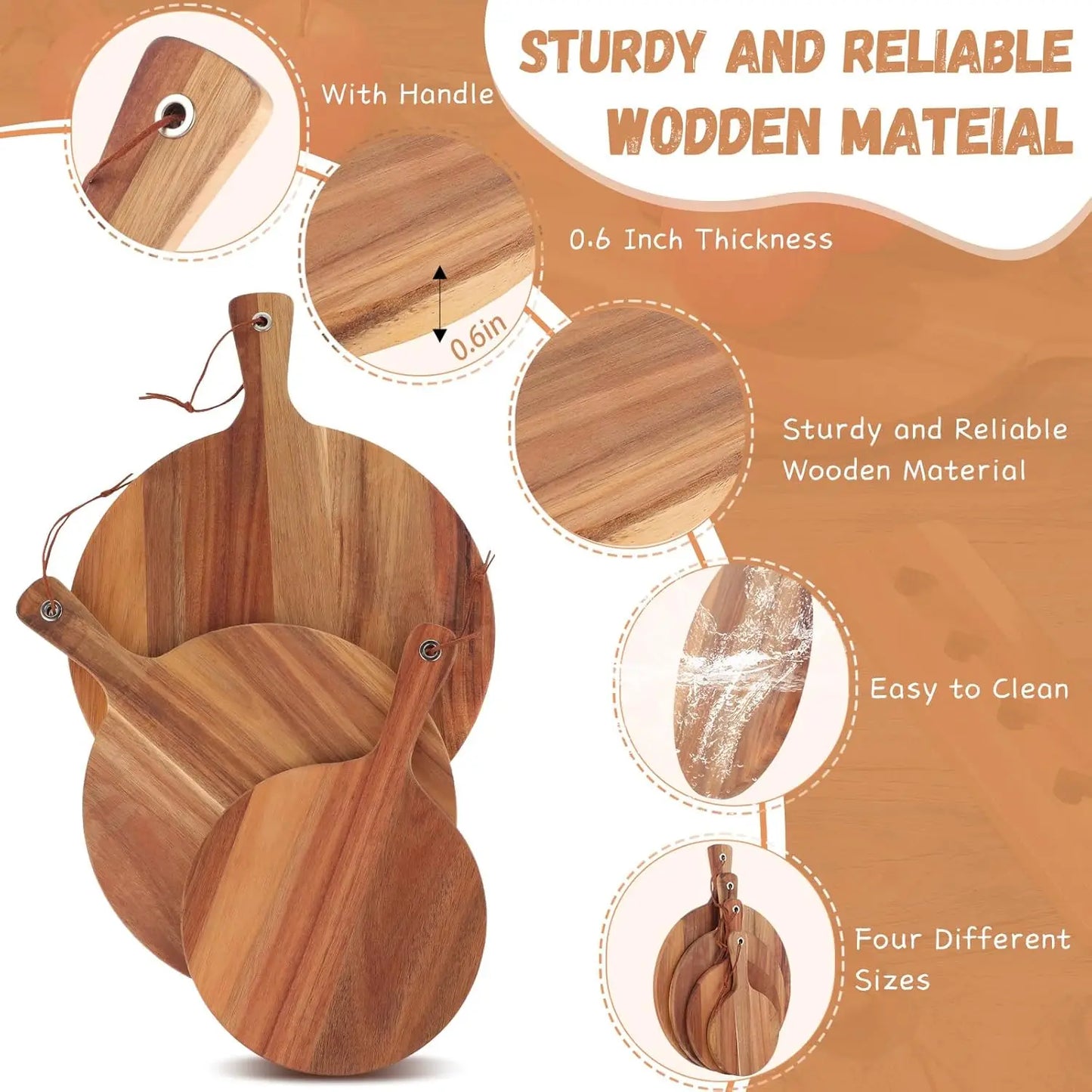 20 Pcs Round Acacia Wood Cutting Board Set with Handle